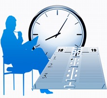 Grafik med person, klocka och kalender