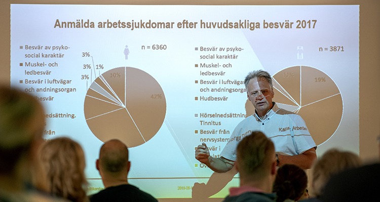 Medarbetare från Arbetsmiljöverket framför en powerpointbild med text om anmälda arbetssjukdomar.