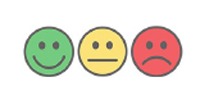 Tre smileygubbar med olika miner - en grön som är glad, en gul som är neutral och en röd som är på dåligt humör.
