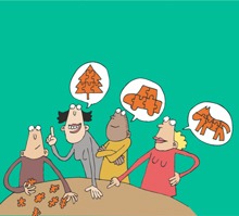 En teckning med fyra personer som pratar. Tre av personerna har pratbubblor med pusselbitar i, den fjärde plockar med pusselbitar på ett bord.