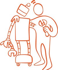 En illustration av en figur som står och håller om en människoliknande robot. De ser ut att samarbeta bra.