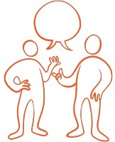 Illustration med två figurer som samtalar och en gemensam pratbubbla ovanför dem.