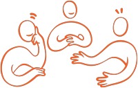 En illustration av en grupp människor inne i ett livligt samtal.