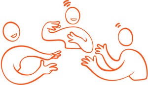 Illustration: tre personer samtalar livligt med varandra