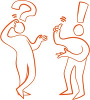 Illustration med två figurer. En har ett frågetecken ovanför, den andra ett utropstecken.