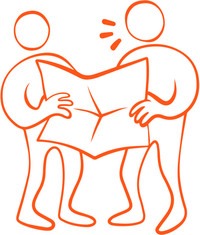 illustration två figurer med en karta mellan sig