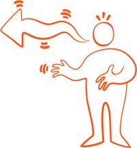 Illustration gubbe med en pratbubbla i form av en pil.