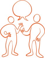 En illustration av två figurer som står och pratar med en stor pratbubbla mellan sig.