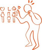 En illustration av en figur som står och drar i olika reglage och ser fundersam ut. Illustrationen ska illustrera självskattning.