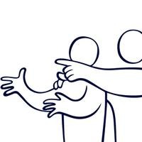 Illustration med två figurer där den ena håller den andre om axeln och pekar åt vänster.