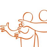 orange illustration. En person visar den andre vägen genom att peka.