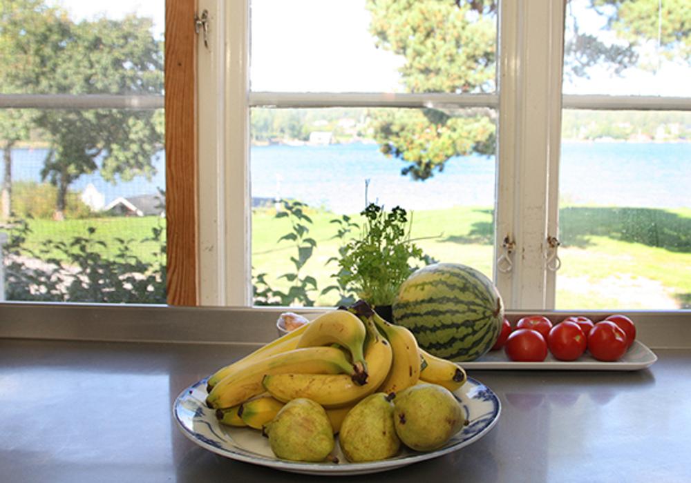ett fruktfat i ett fönster med utsikt över gräsmatta och havet på Blidösundsgården