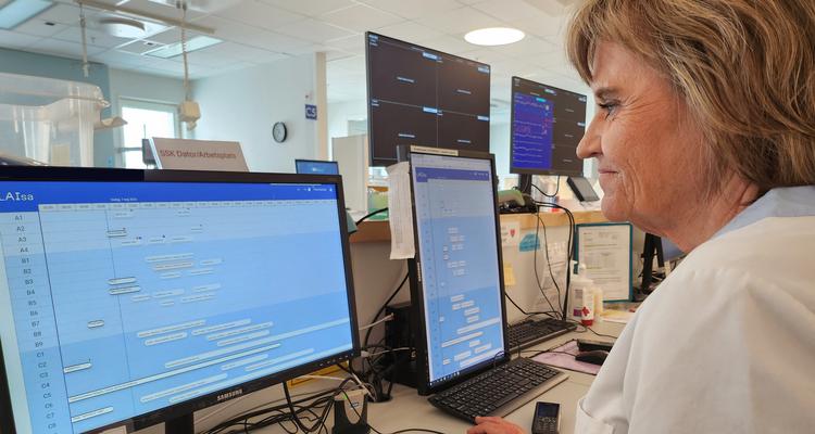 En kvinna sitter och tittar på en skärm med patientplanering. Ett exempel på hur man kan använda AI i vården.