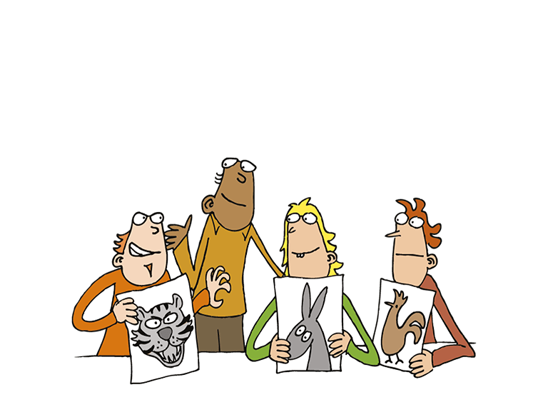 Illustration av fyra personer, tre håller teckningar av djur i sina händer.