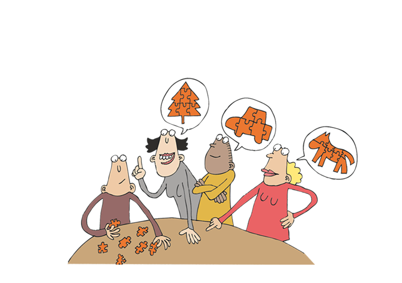 Illustration av fyra personer som lägger pussel.