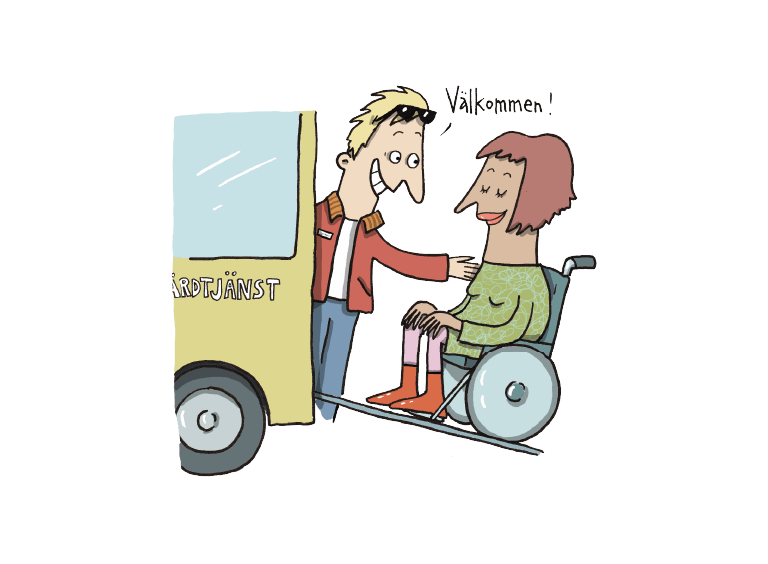 Illustration av person som hjälper rullstolsburen in i färdtjänstbuss.