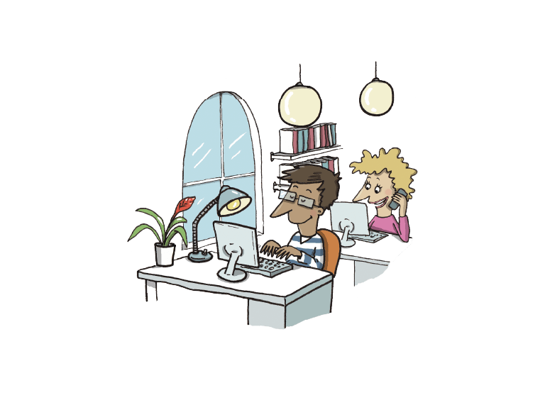 Illustration av två personer som sitter framför datorer vid skrivbord.