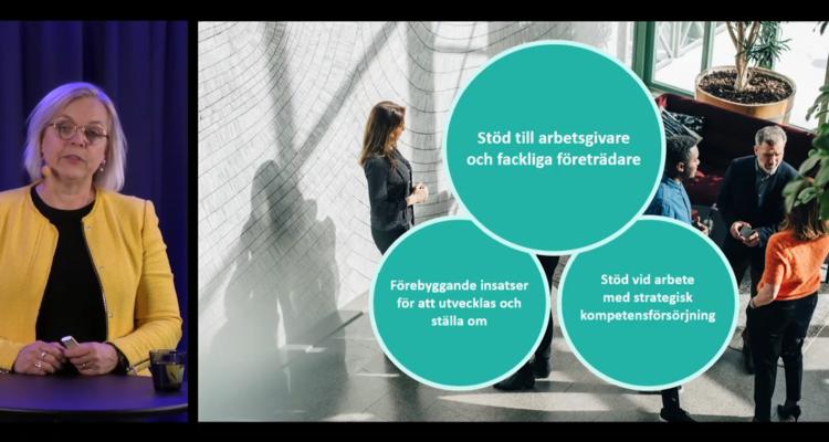 Omställningsfondens vd Eva Wikström bredvid en powerpointbild med tre exempel på stöd från Omställningsfonden.