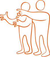 En orange linjeteckning av två personer som står nära varandra.
