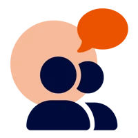 Illustration av två personer med en orange pratbubbla.
