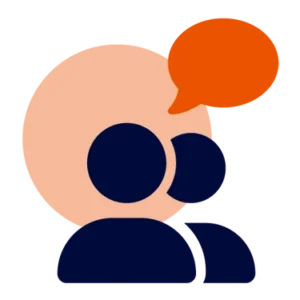 Två personer med en orange pratbubbla.