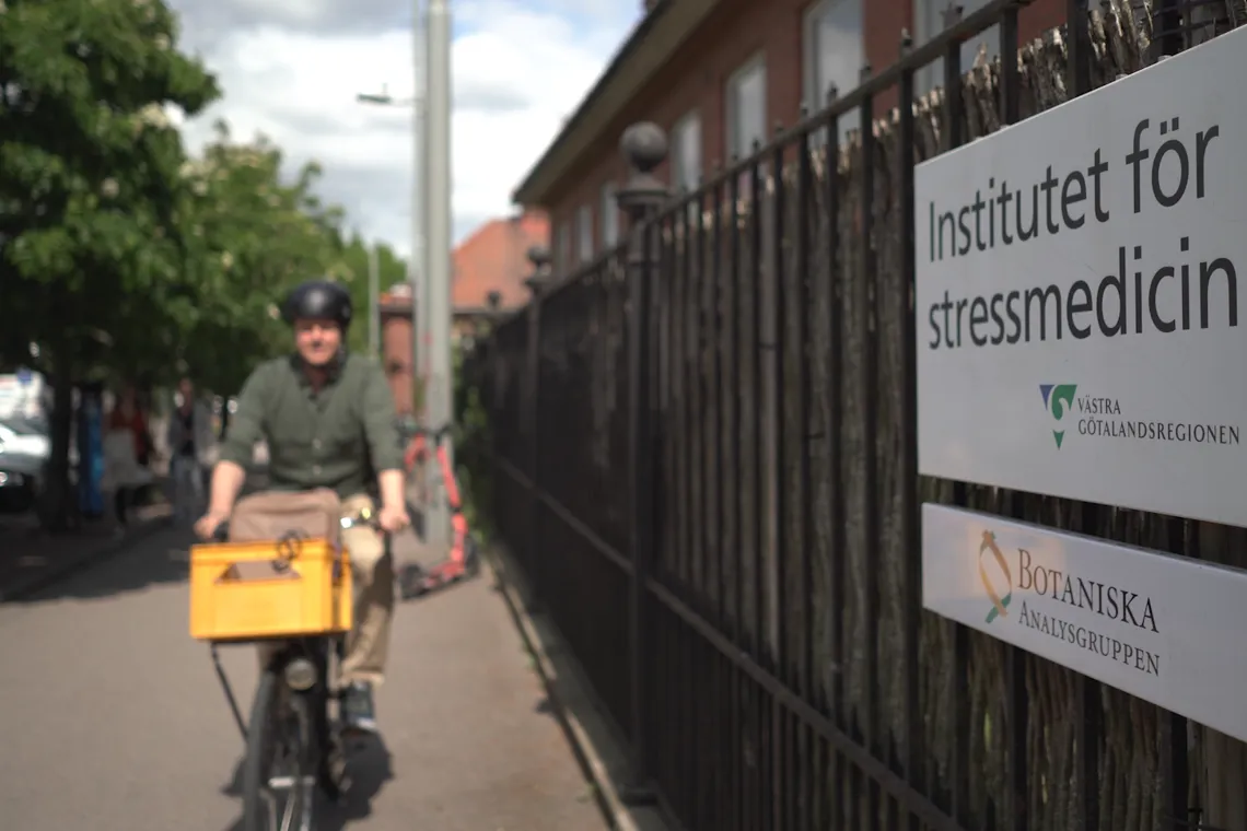 En man cyklar längs en gata intill ett staket.
